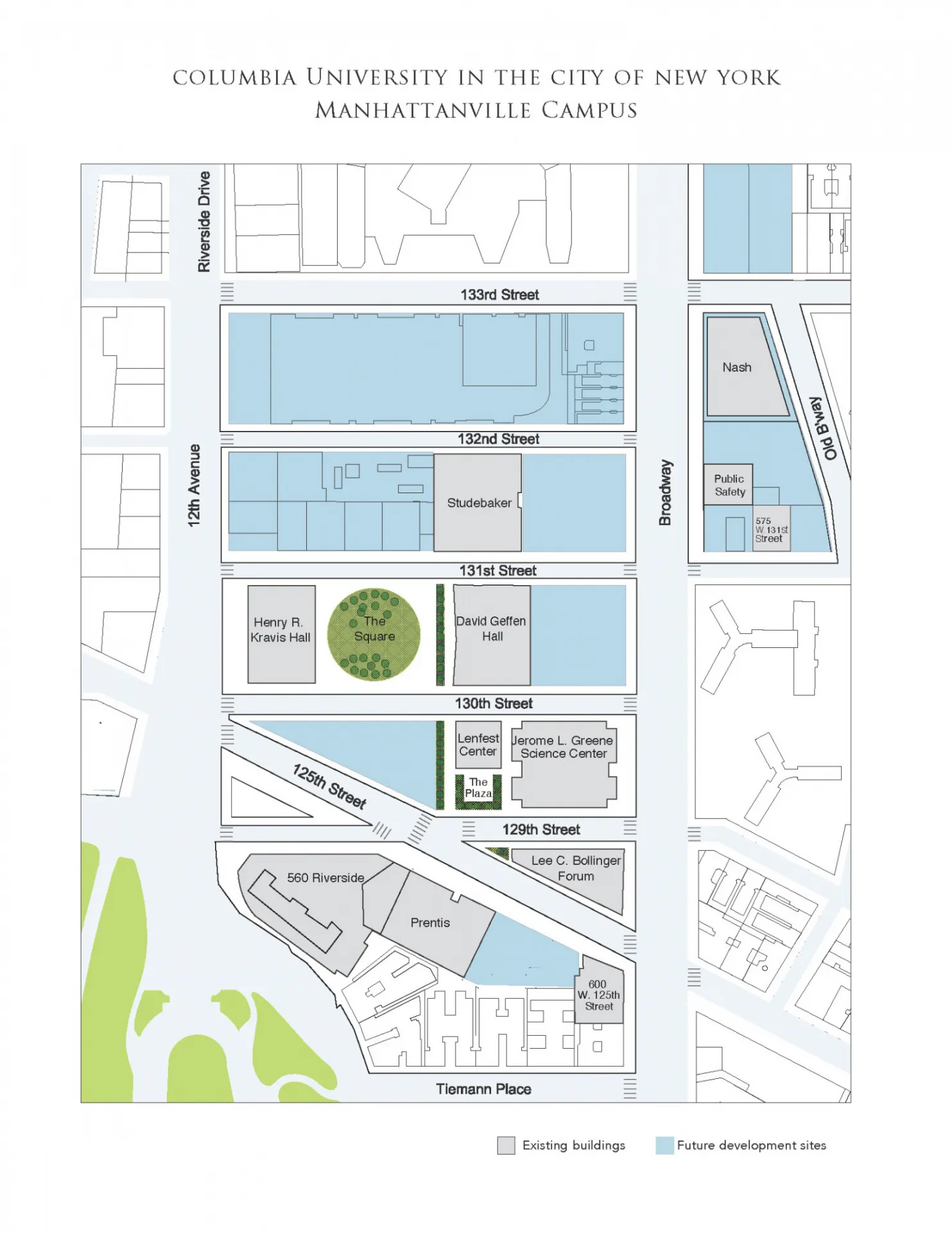 A map of the Manhattanville campus, with Columbia buildings shaded gray and future Columbia development sites shaded light blue.