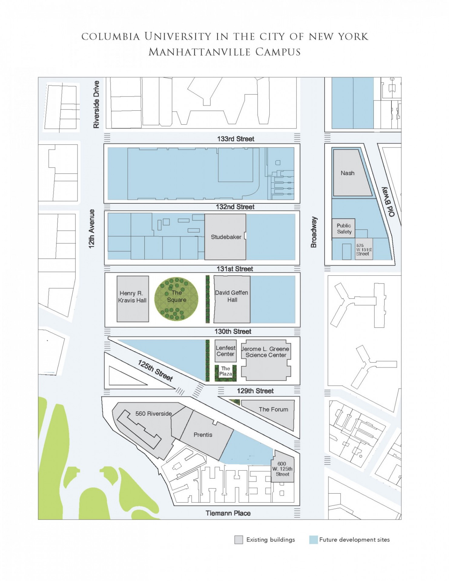 A map of the Manhattanville campus, with Columbia buildings shaded gray and future Columbia development sites shaded light blue.